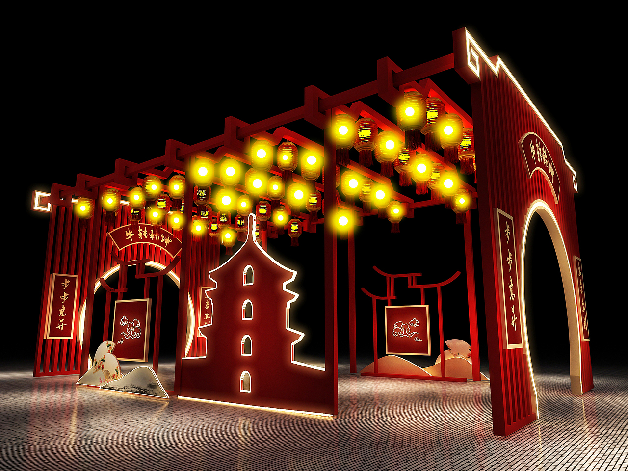 3d设计效果图742021年春节新中式dp美陈拍照打卡点设计