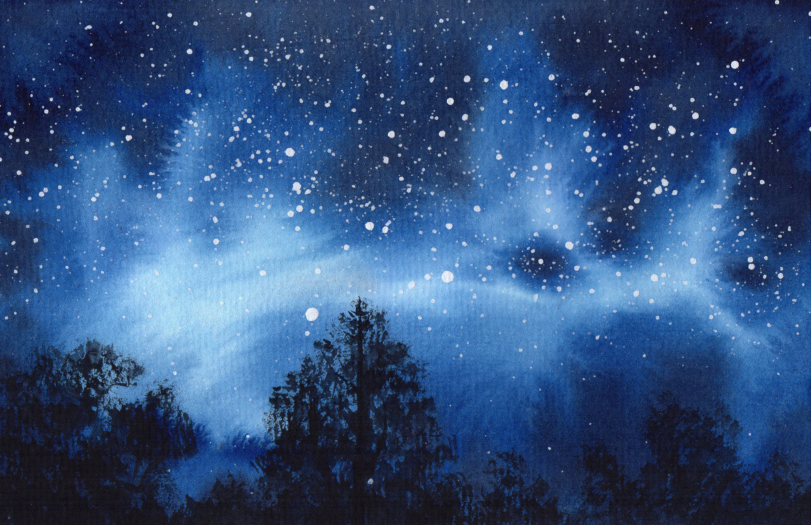 水彩画星空夜景图片