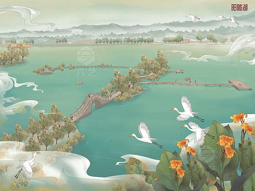 中国风古代湖泊园艺公园景观景区手绘插画地图导览图
