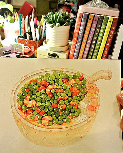 金鱼手绘美食——豌豆肉末炒虾仁