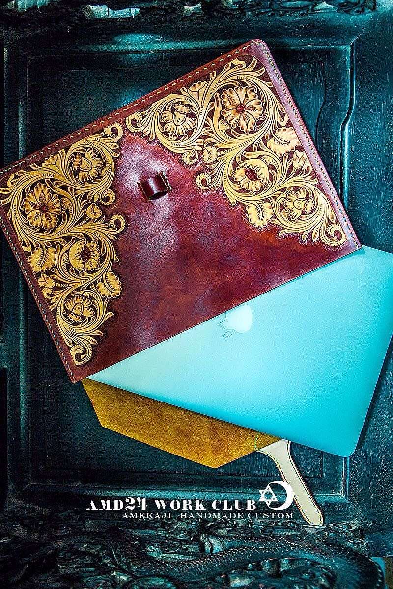 手工皮雕 MacBook pro 15inch 电脑包 满雕美式花纹