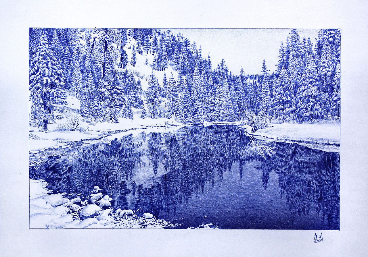 圆珠笔画  森林雪景
