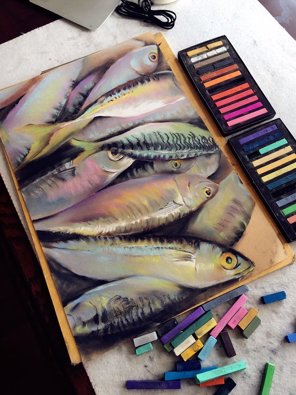 日练色粉画好多鱼色粉教程色粉的画法