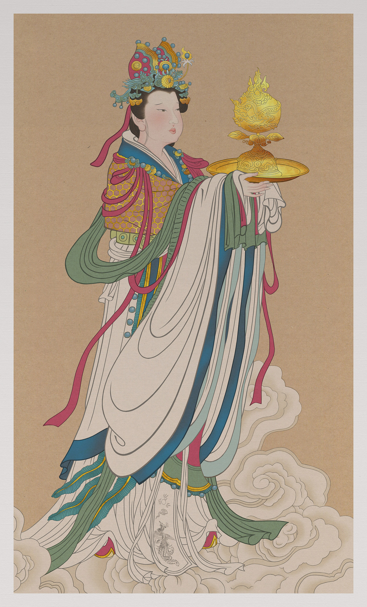 仿古工笔画《永乐宫》壁画局部之奉宝玉女