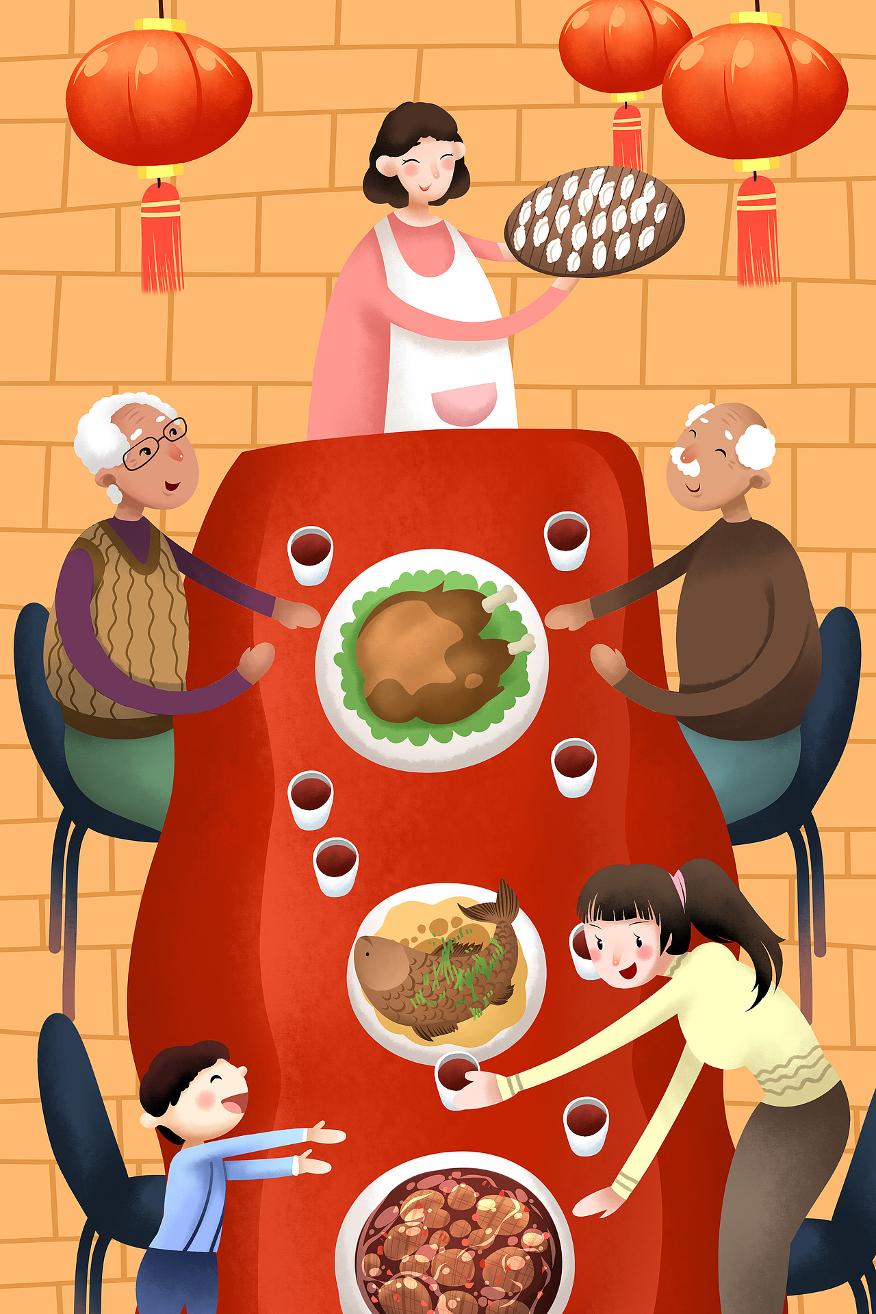 家宴聚餐团圆一家人手绘插画