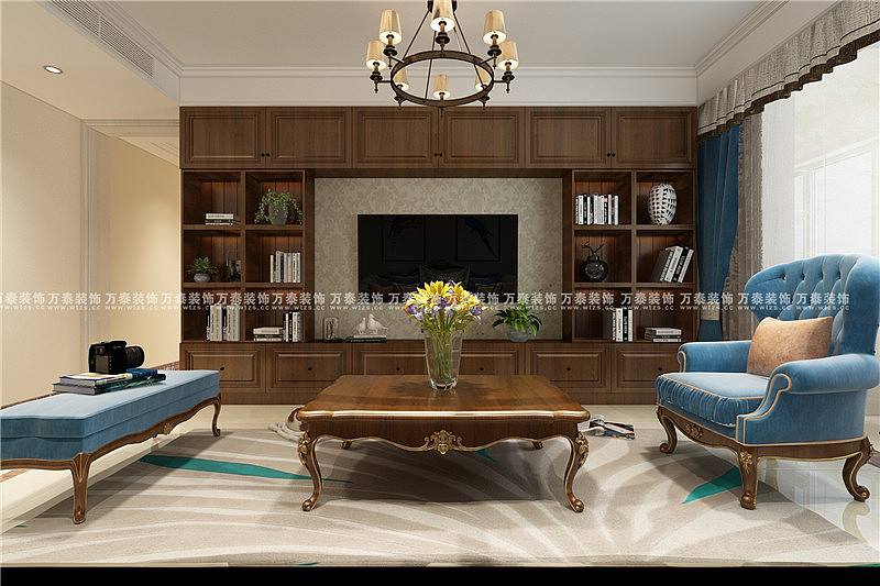 影视墙采用大储纳功能的柜子内贴暖色壁纸,整个以暖色为主要基调