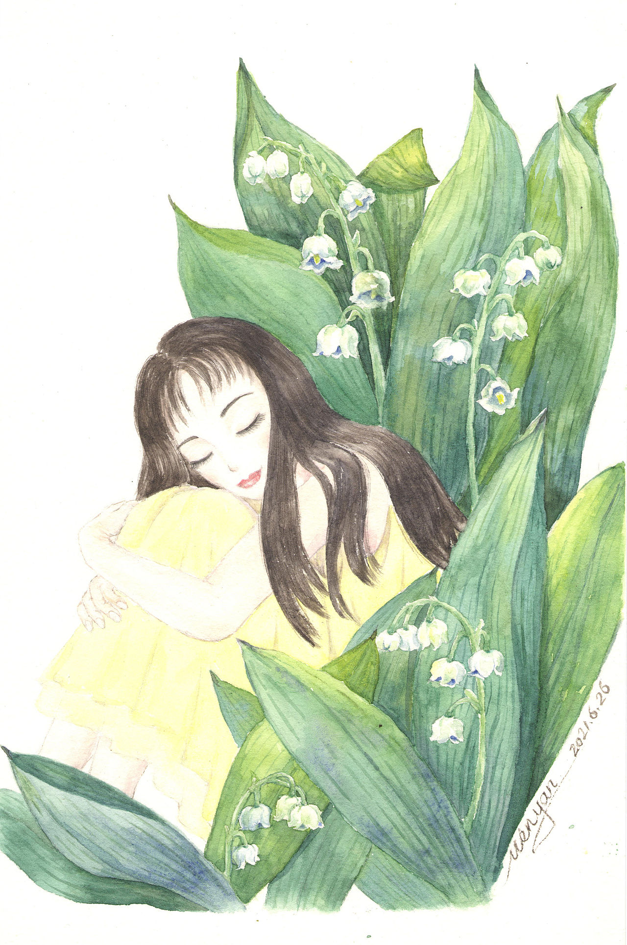 水彩插画(原创手绘):女孩与花卉(闭眼系列)
