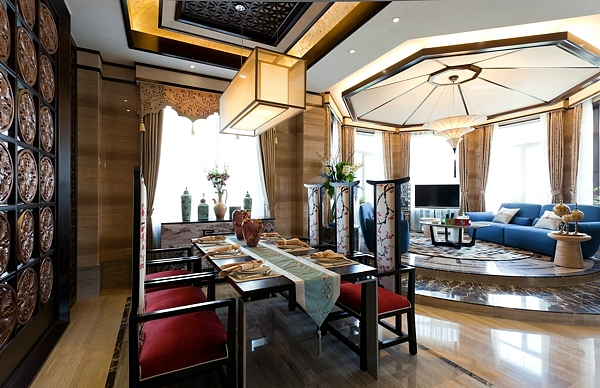 【碧桂园装修】碧桂园别墅20号楼409㎡装修效果图中式设计案例餐厅装修效果图
