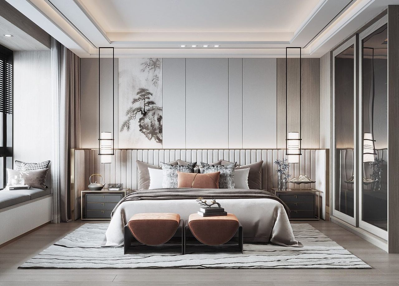 新中式卧室效果图（图ZMjcxMTcxMjM2） - 家装设计 - 站酷设计师东晋全案设计原创素材 - 站酷ZCOOL
