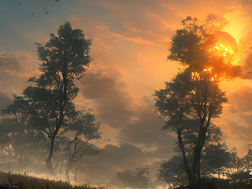 #AI创作实验室#夕阳斜下,暮霭沉沉,燕雀归来