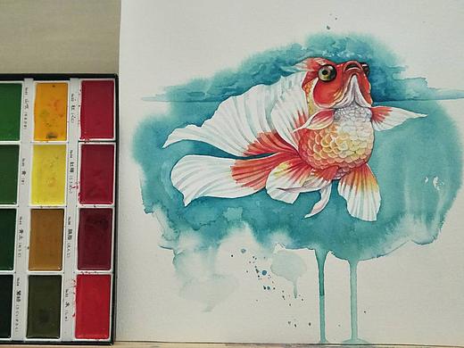 治愈系水彩画,金鱼绘画教程视频