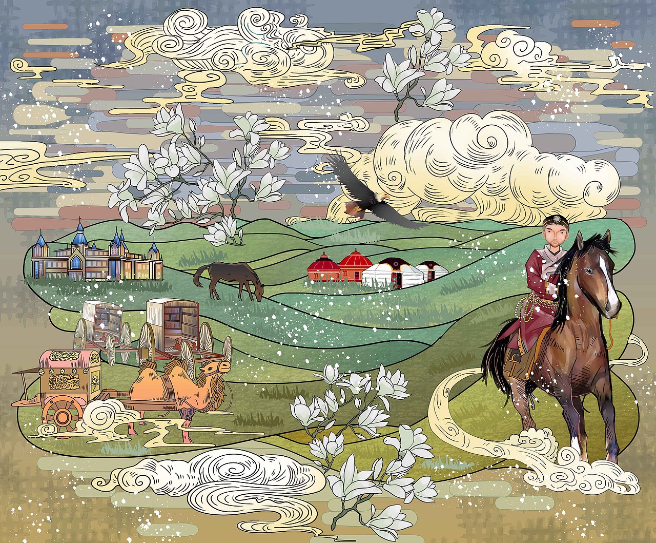 64图酒店大堂壁画插画城市绘系列