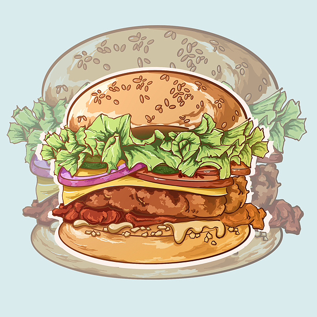 汉堡美食插画（图ZMzU1MjA2MTcy） - 艺术插画 - 站酷设计师鲨鱼老师阿啊原创素材 - 站酷ZCOOL