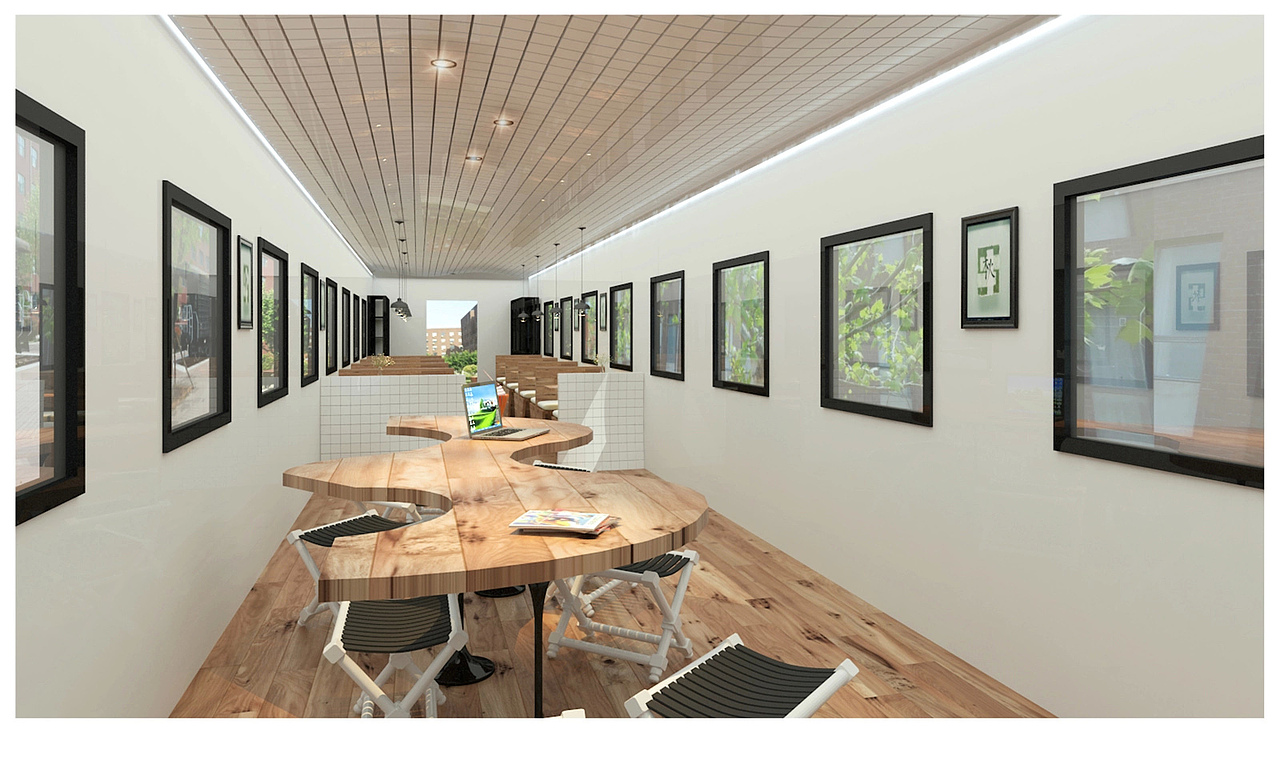 吧台过后是散座去~  这里学生可以进行独立交了    也可以加强室内丰富性。整体都是比较生硬的线条所以采用了一个 曲面的家具缓和