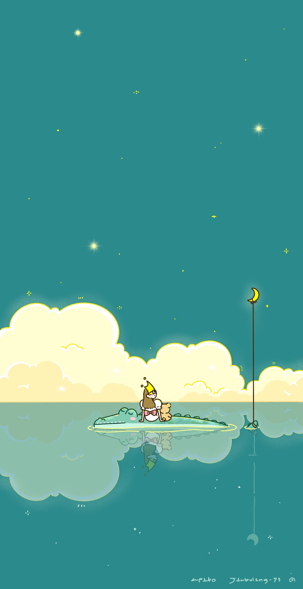 女孩与小熊夜晚治愈插画