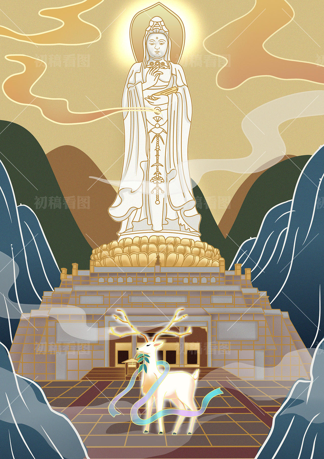 海南观音国潮插画小鹿三视图