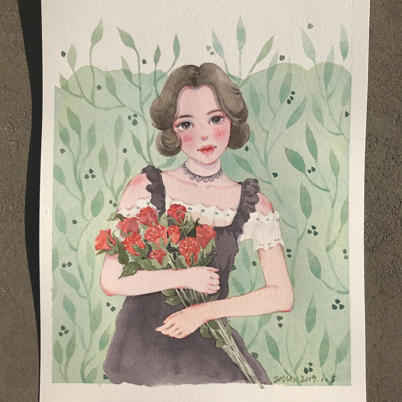 水彩插画 捧花女孩