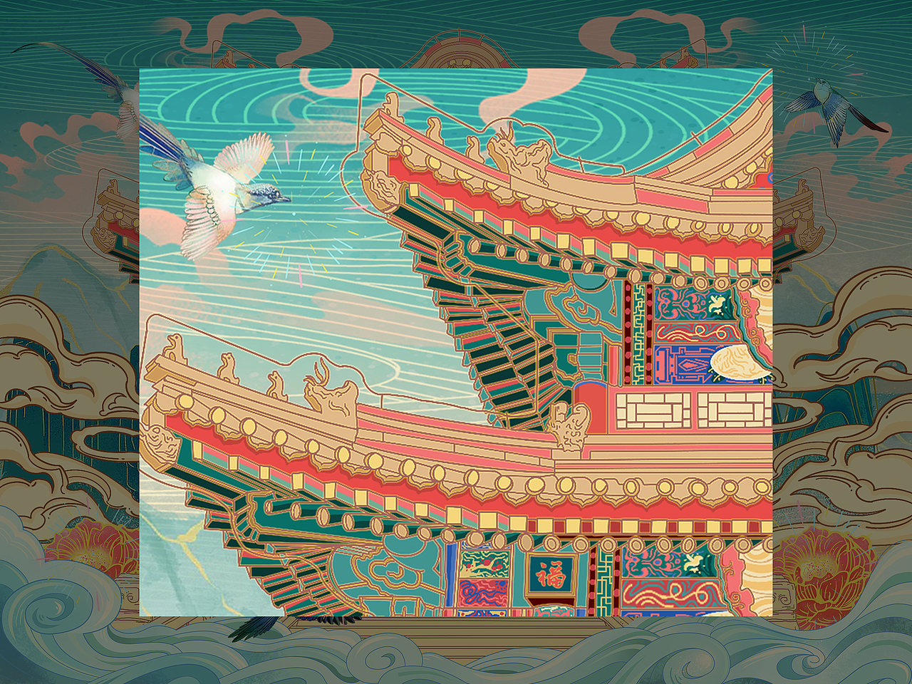 颐和园/八角亭主题插画文创设计