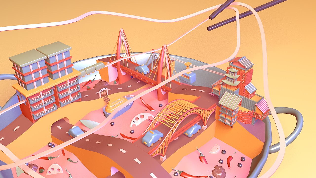 c4d动画火锅上的城市重庆