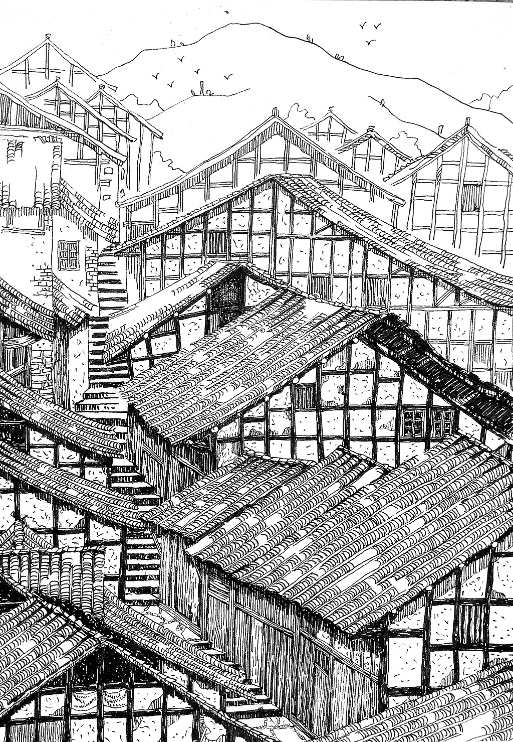 钢笔画福宝古镇