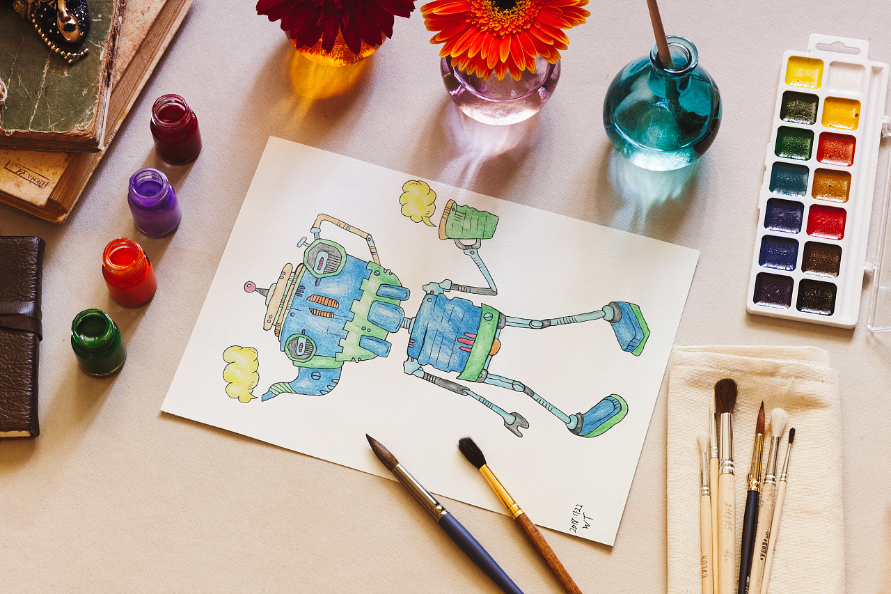 彩铅手绘小机器人系列插画可爱机械朋克风