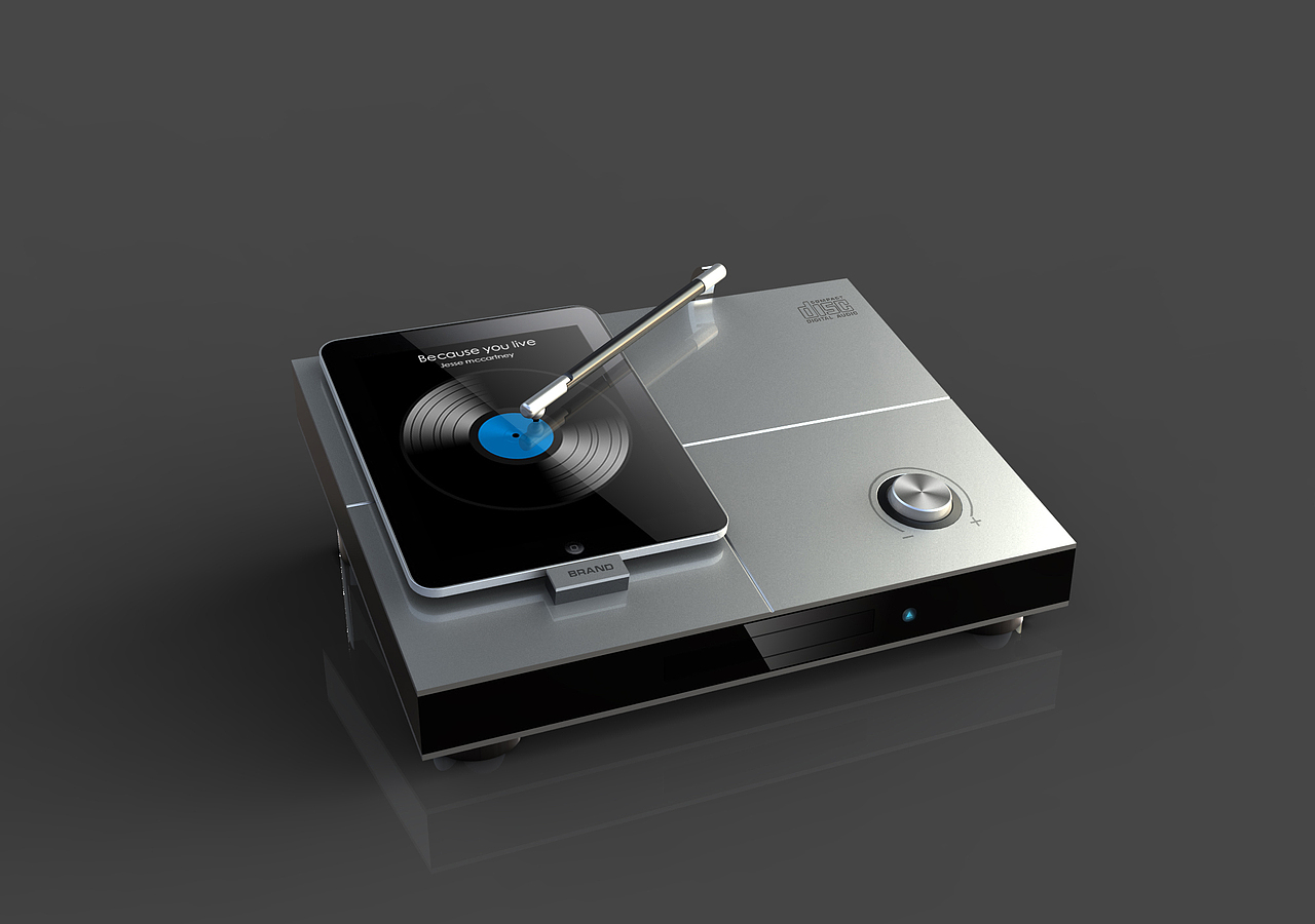 iPad模拟黑胶唱机,唱针就是一支触控笔,当触控笔压到iPad屏时候,屏幕上的APP就会转动,同时播放iPad上的歌曲。