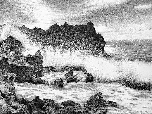 谭伯虎钢笔画作品《观海》