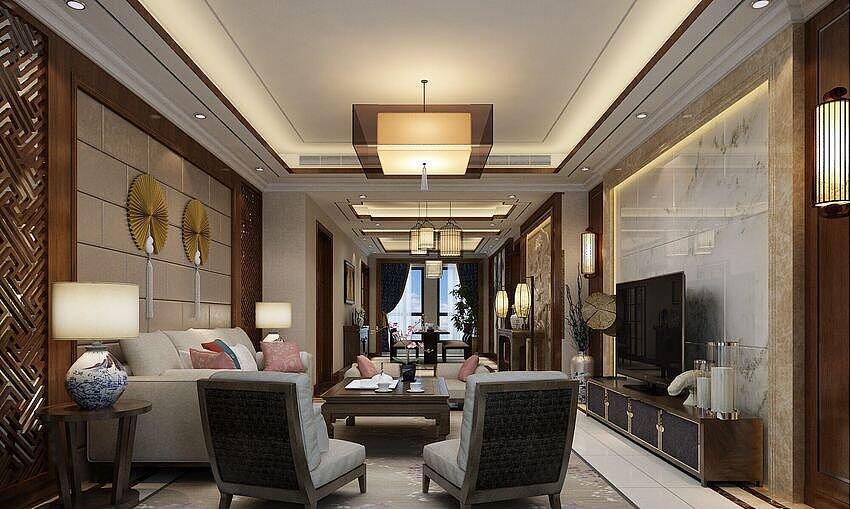 海马公园大平层210平新中式风格装修效果图欣赏---客餐厅