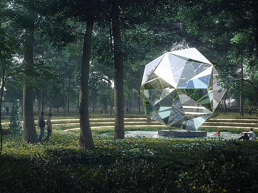 森林不规则球体雕塑渲染效果