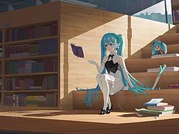 圖書館 初音ミク 插畫 場景