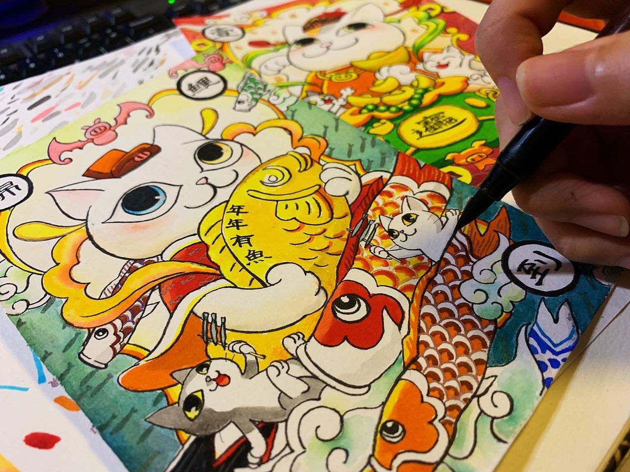 可爱猫咪年画三张