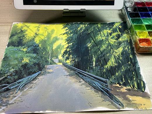 不透明水彩手绘，家乡风景