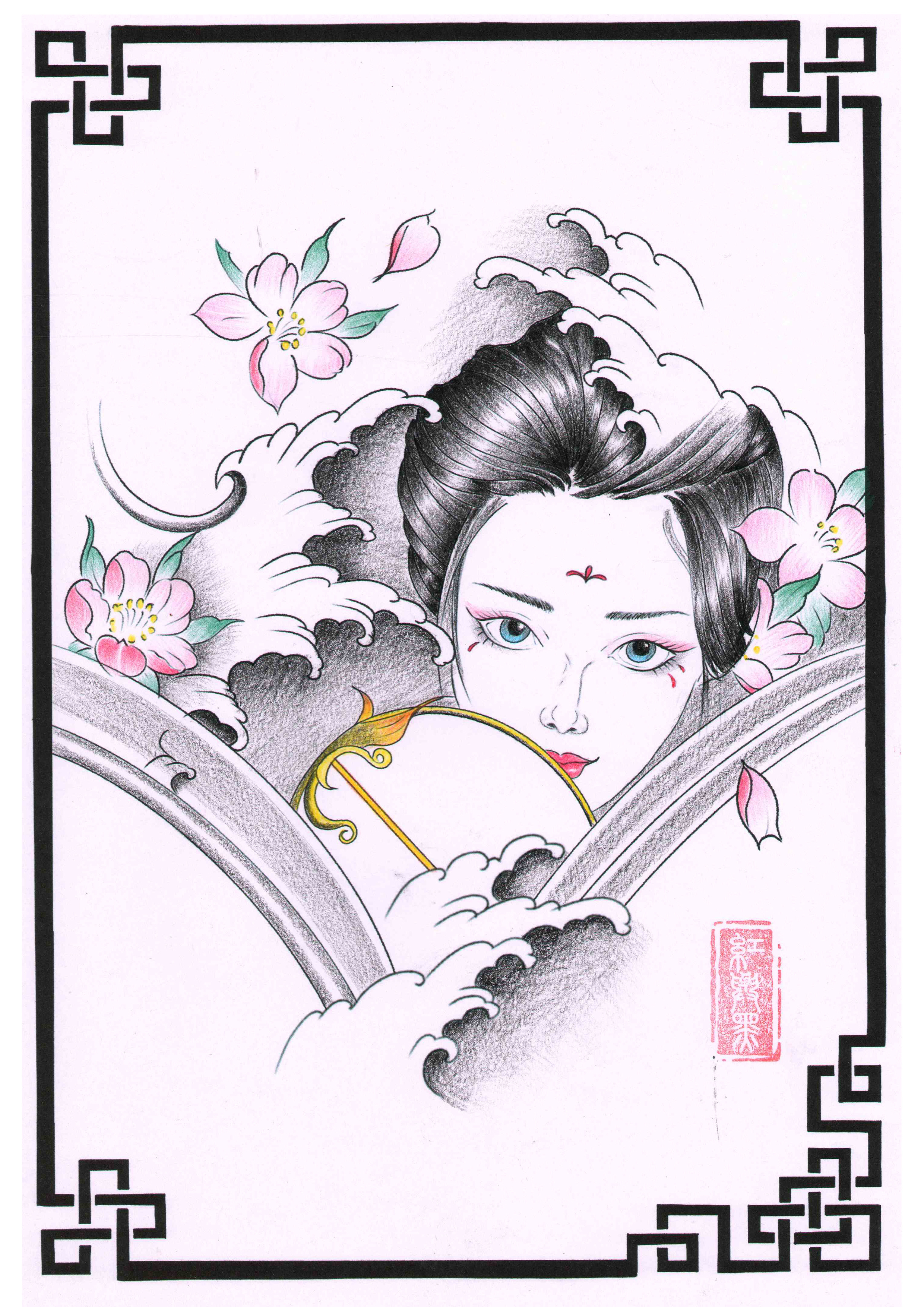 媚娘古风艺妓纹身手稿设计