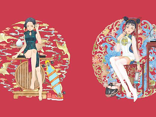 插画-时尚旗袍女孩