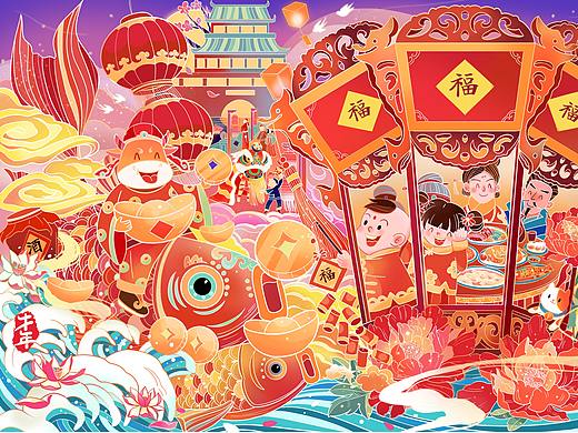原创牛年新年国潮插画