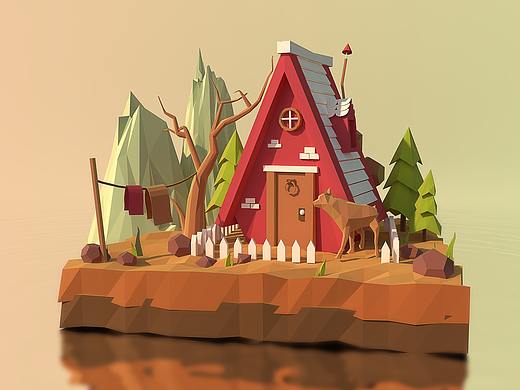 C4D-lowpoly风格河边小屋与卡通小场景