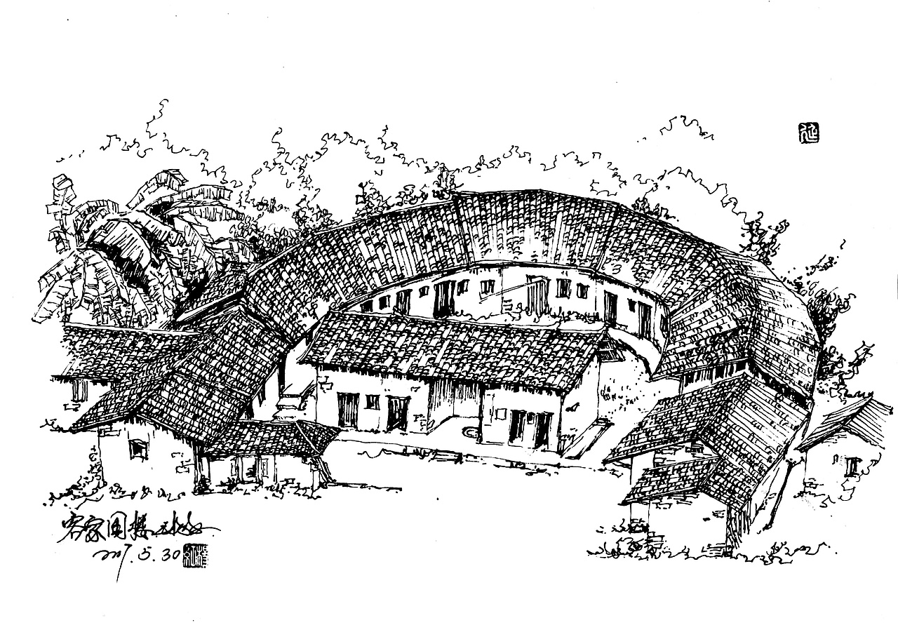 钢笔风景速写——村寨