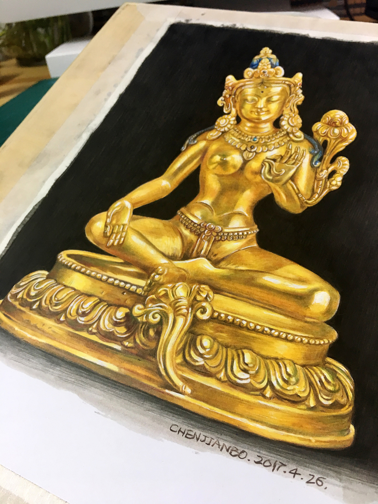 彩铅手绘白财神铜像