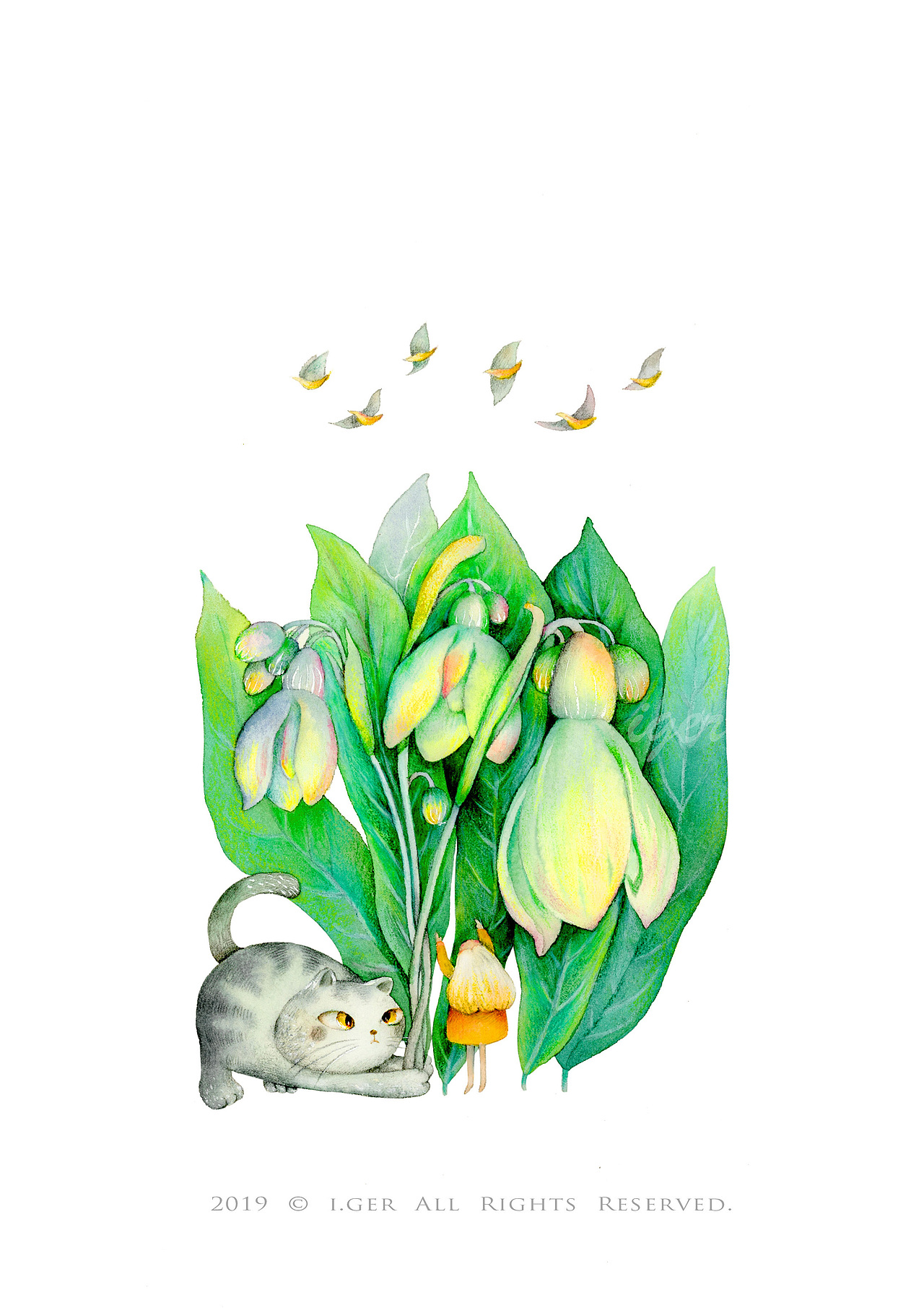 一组水彩治愈森系插画