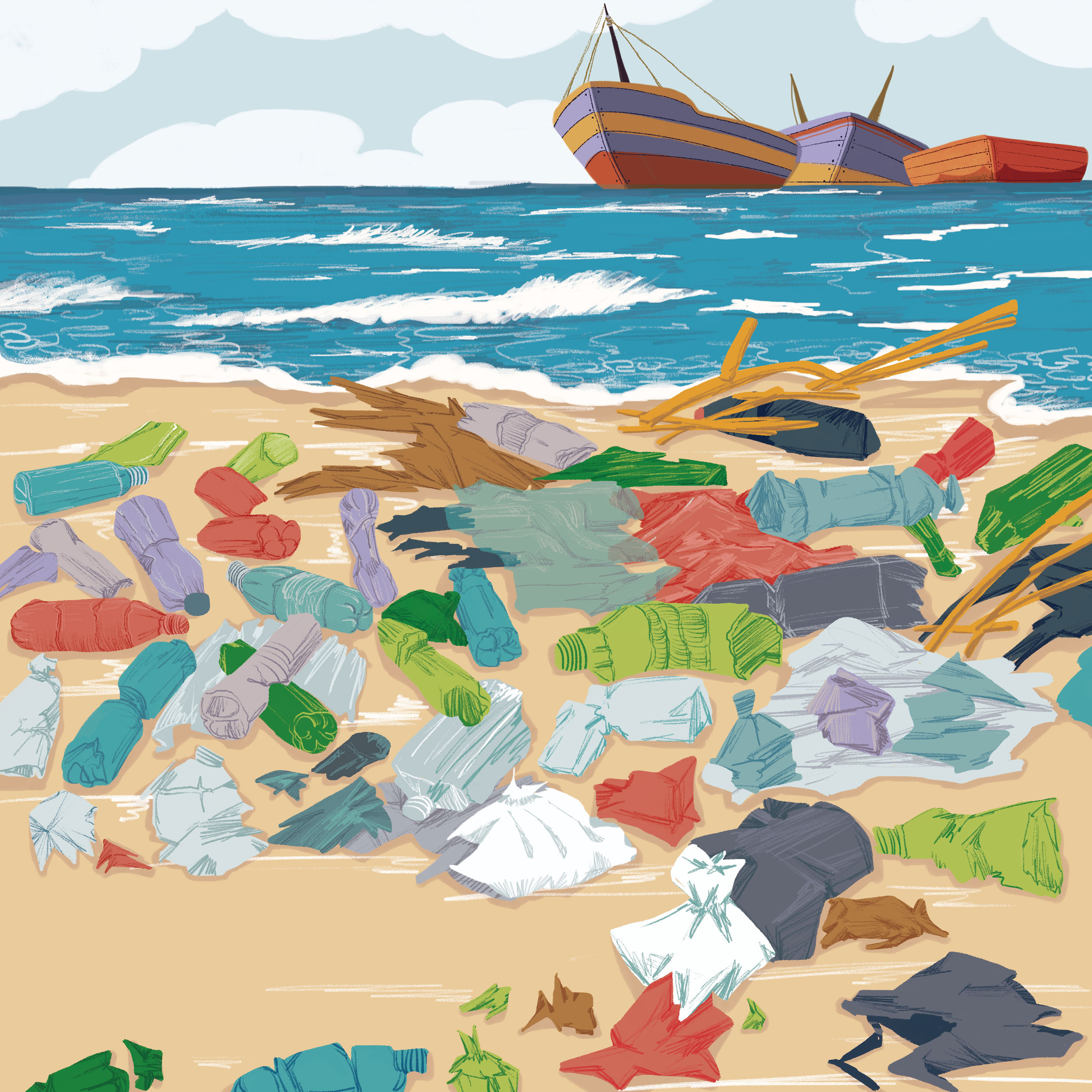 海洋垃圾污染简笔画图片