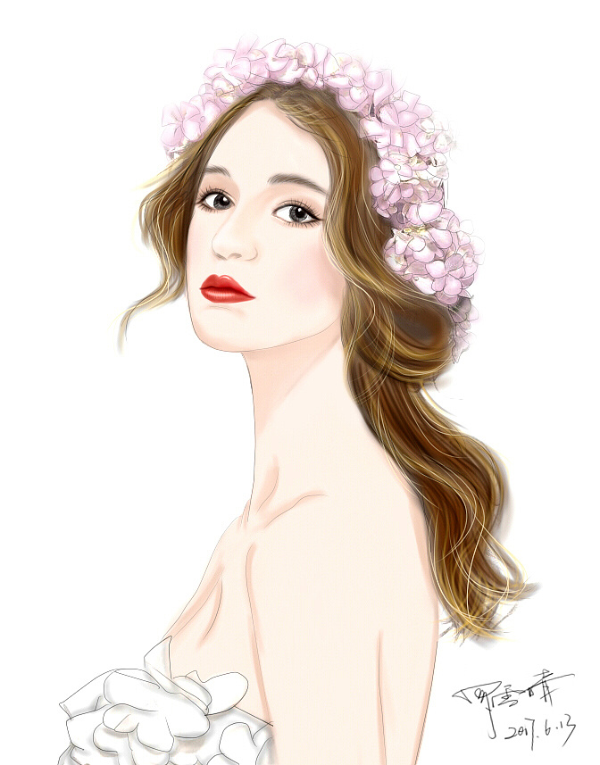 手绘戴花美女