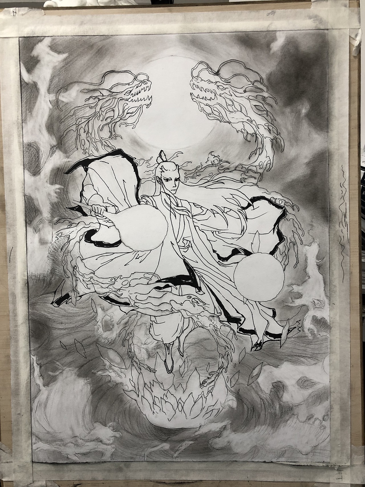 手绘素描速写,哪吒之 敖丙 海报临摹黑白