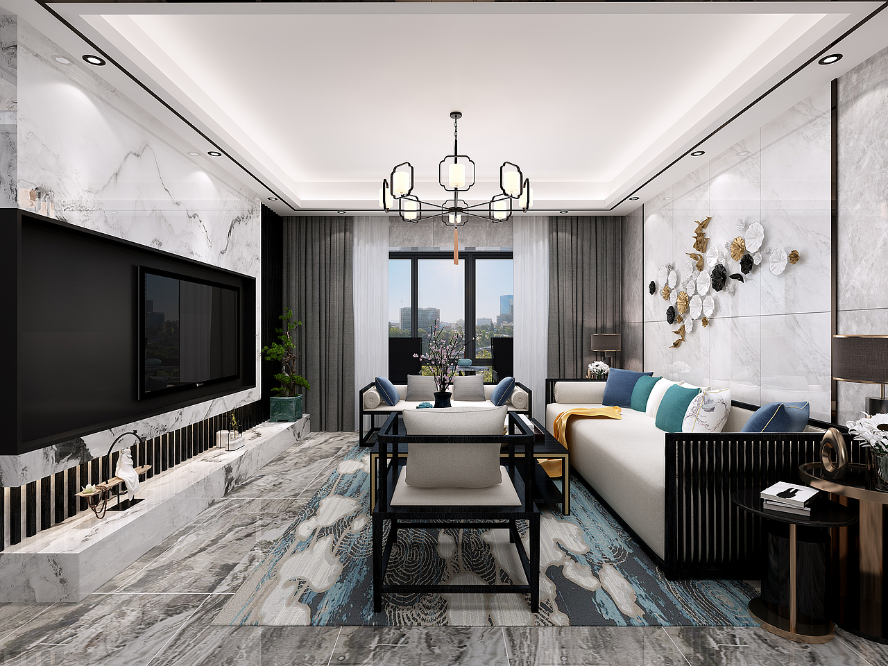 深圳装修:中粮祥云广场新中式风格,这大横厅也太帅了_深圳岚庭装饰