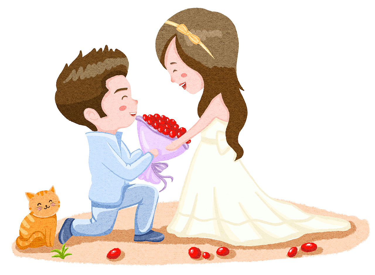 青年时期:当年的小男孩和小女孩都在长了,男孩单膝跪地,手持红枣捧花,女孩身披婚纱,接住男孩献上的红枣花束。