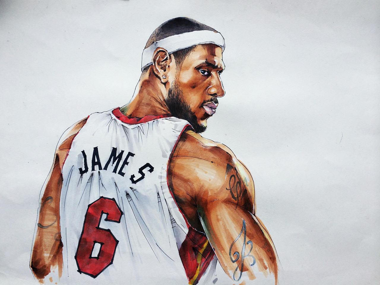 NBA热火詹姆斯球星篮球插画,马克笔手绘
