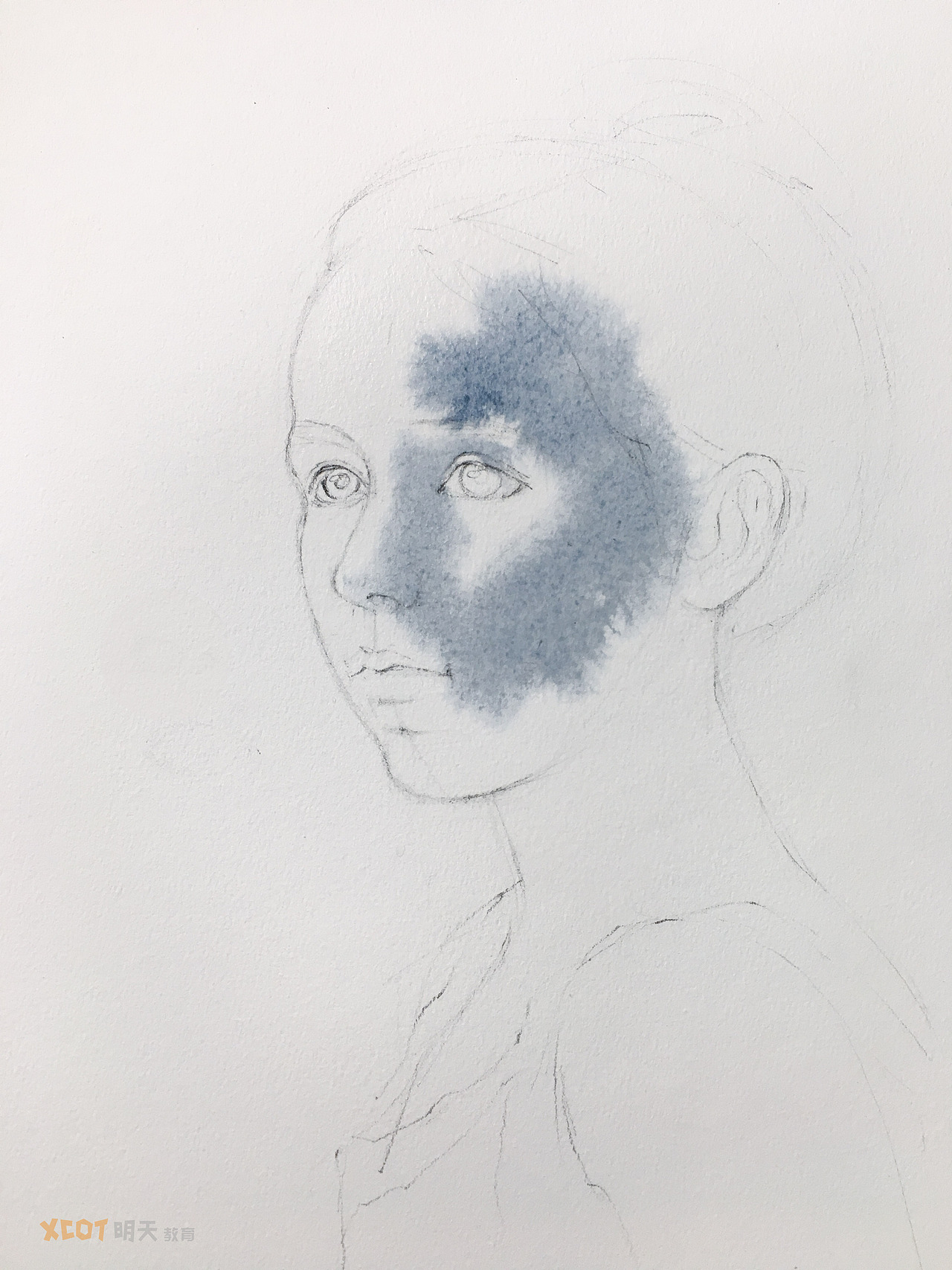 单色水彩少女半侧脸附过程图