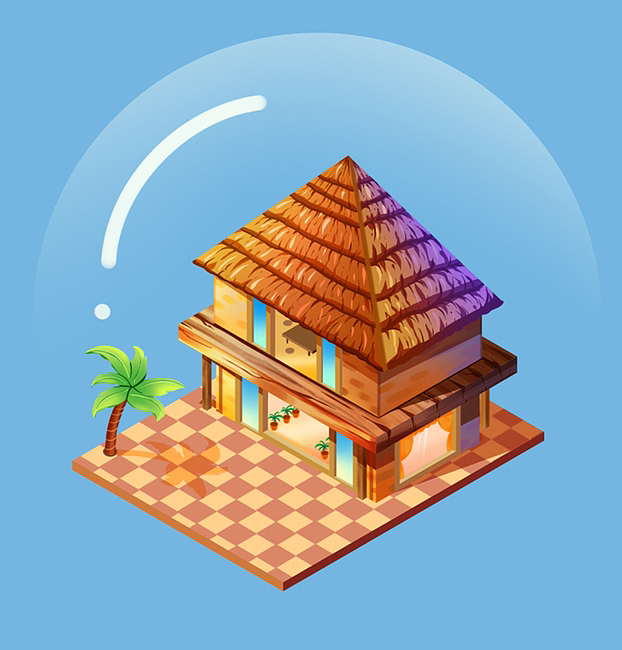 海边小镇场景手绘2.5D插画