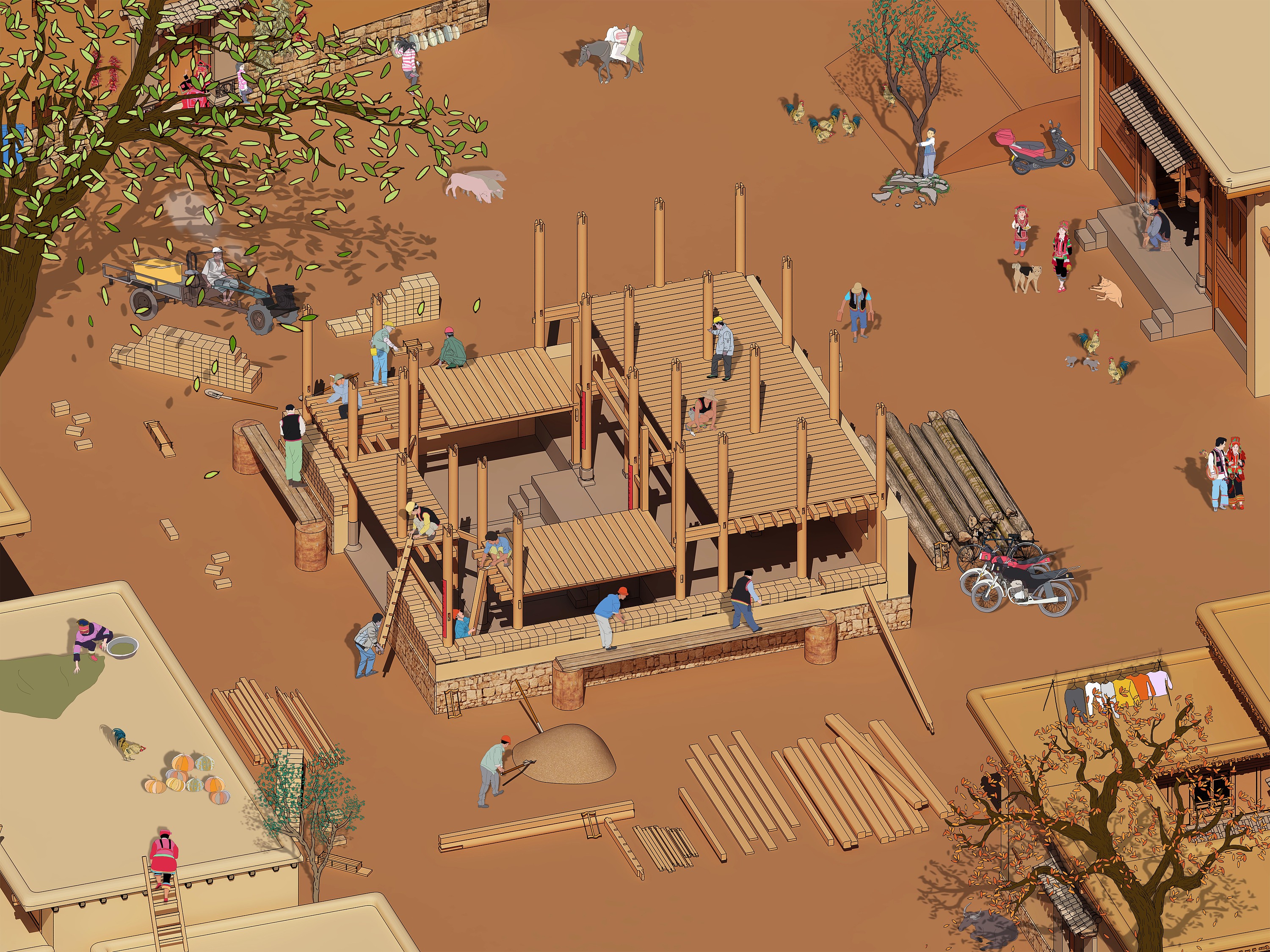 彝族花腰土掌房建造过程