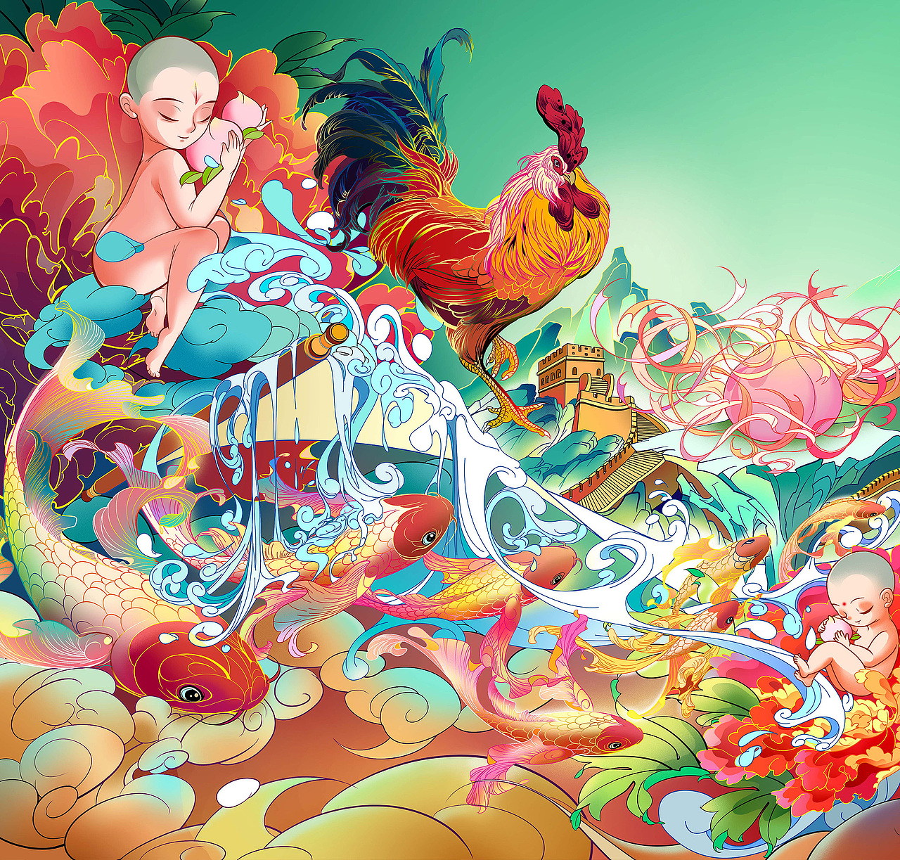 《雄鸡报晓，贺山河永寿》——国庆节主题插画设计（图ZMjczMDA4MTcy） - 艺术插画 - 站酷设计师鹤年HN原创素材 - 站酷ZCOOL