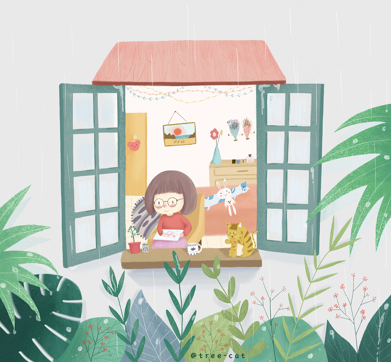下雨天小女孩和猫咪一起看窗外下雨手绘竖图插画图片-千库网